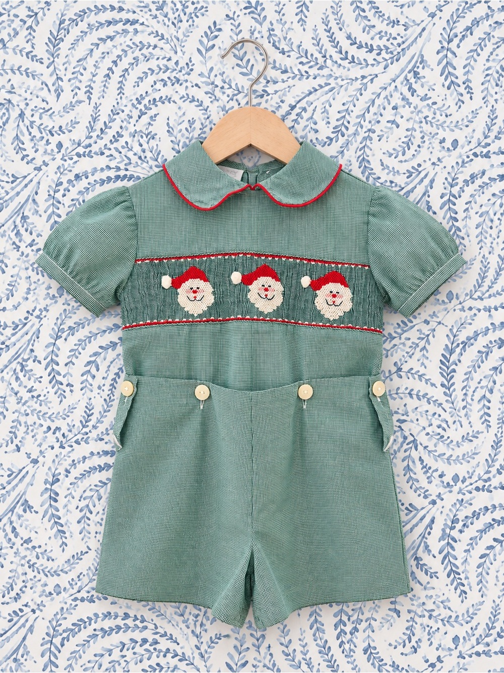 Classic Green Santa Smocked One-Piece for Kids